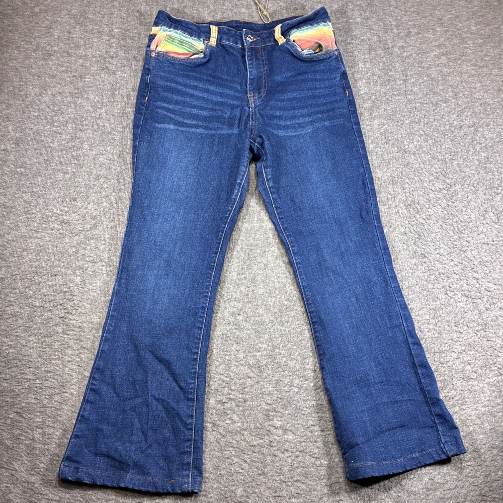 Ranch Dressn Jeans Womens 10 Blue Serape Trim Flare Leg Western Rodeo Denim